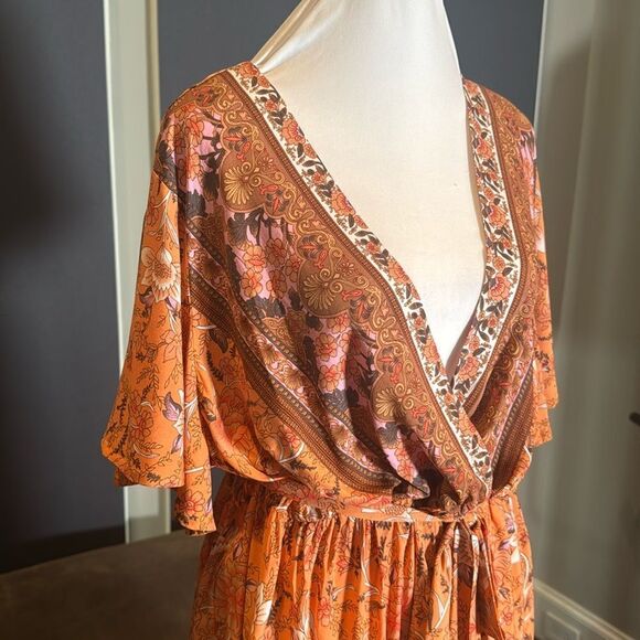 V-Neck Bohemian Orange Floral Print Short Summer Dress Cover Up Size 4XL NEW - Picture 4 of 14